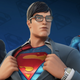 A trio of Supermans, one in a black costume with silver S symbol, one in traditional blue and red, and one in a suit and glasses revealing the costume underneath.